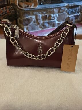 Steve Madden Maroon Patent Mini Shoulder Bag with Silver Chain